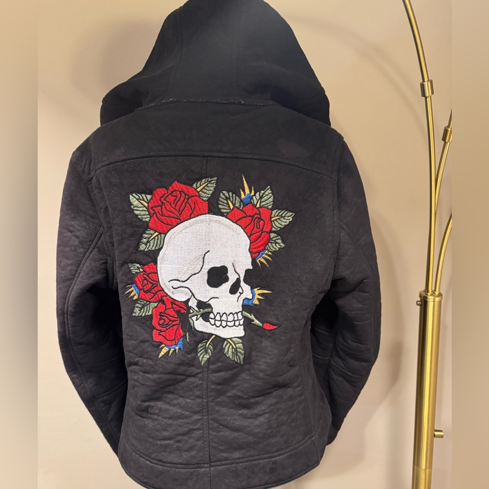 Ed Hardy Skull Rose Jacket Black Y2K Embroidered Hoodie Gothic Grunge Small